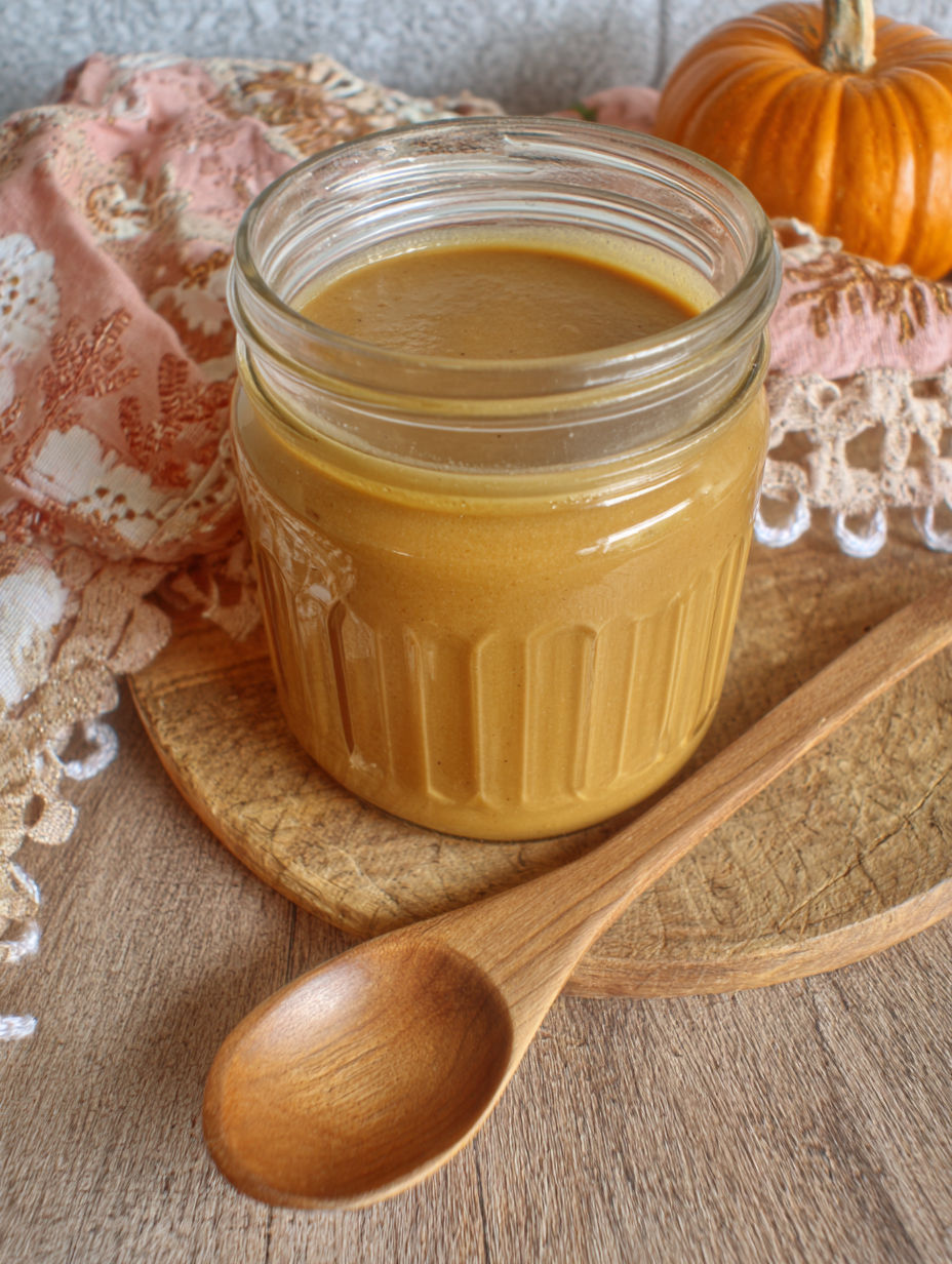 A jar of sauce with a spoon in it.