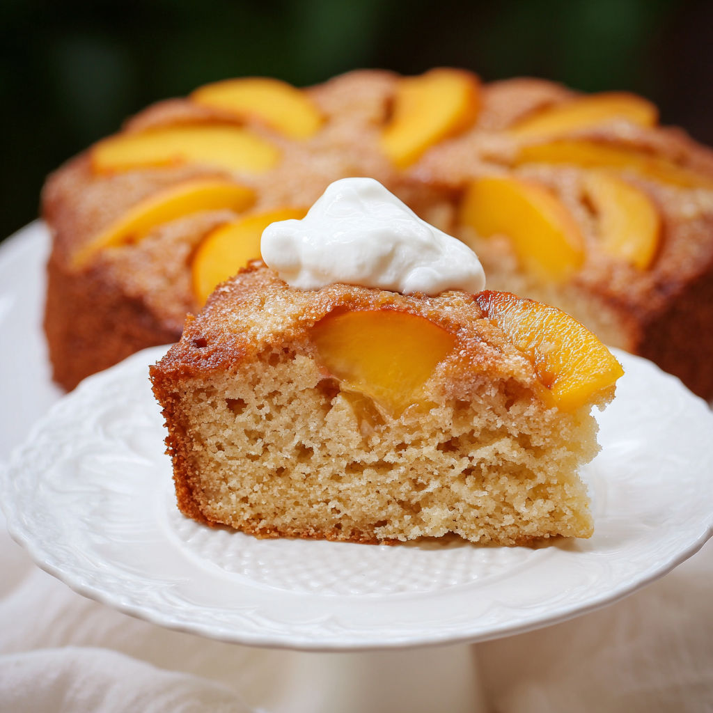A slice of peach cake on a plate.