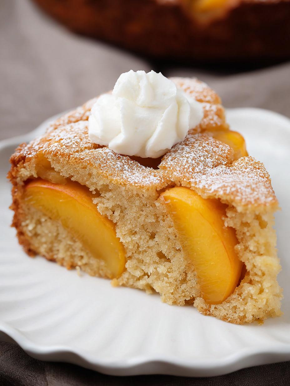 A slice of peach cake with white frosting.