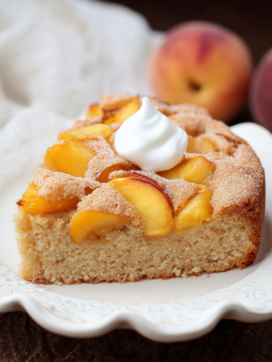 A slice of peach cake with white frosting.