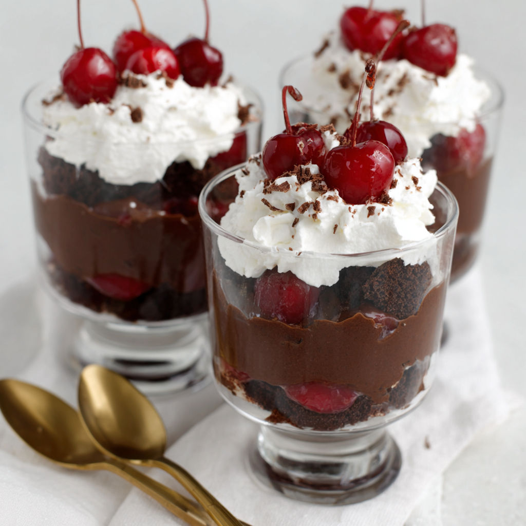 A dessert with chocolate and cherries.