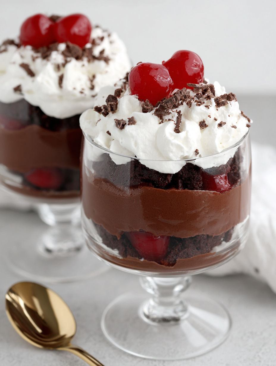 A glass of chocolate cake with white whipped cream and cherries.