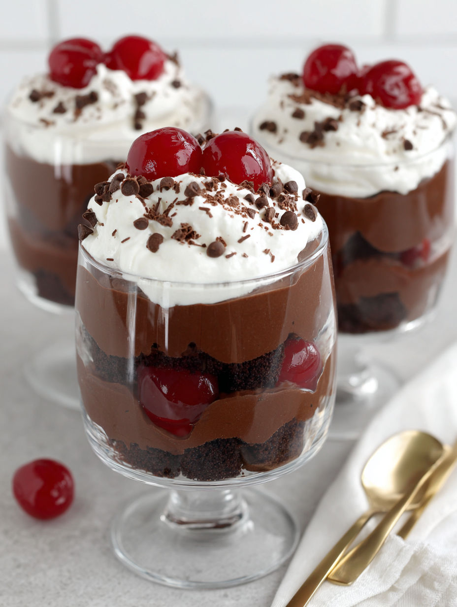 A glass of chocolate cake with cherries.