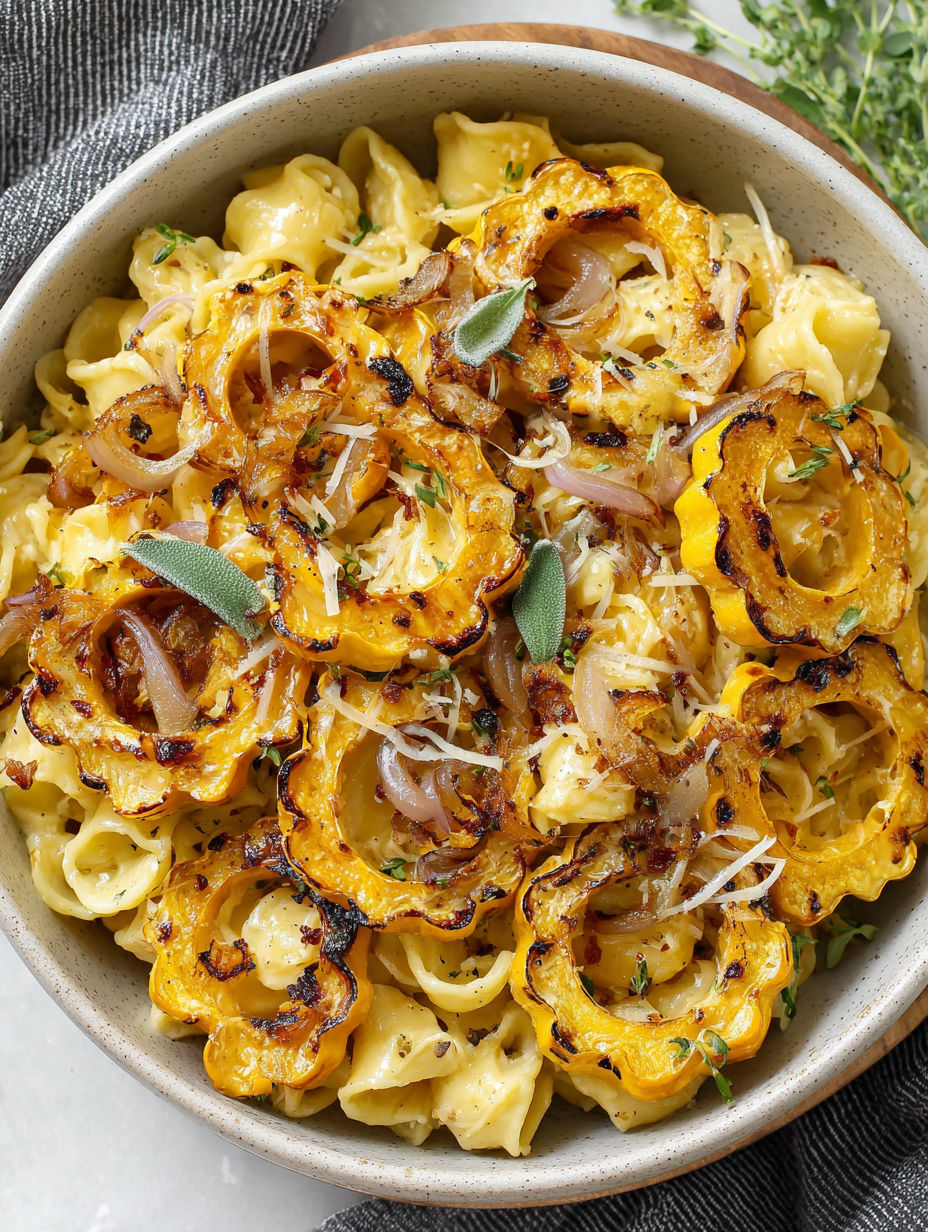 A bowl of pasta with roasted delicata squash.