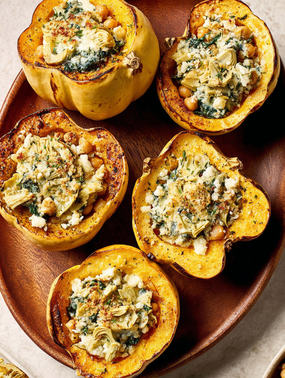 A plate of roasted carnival squash with savory chickpea filling.