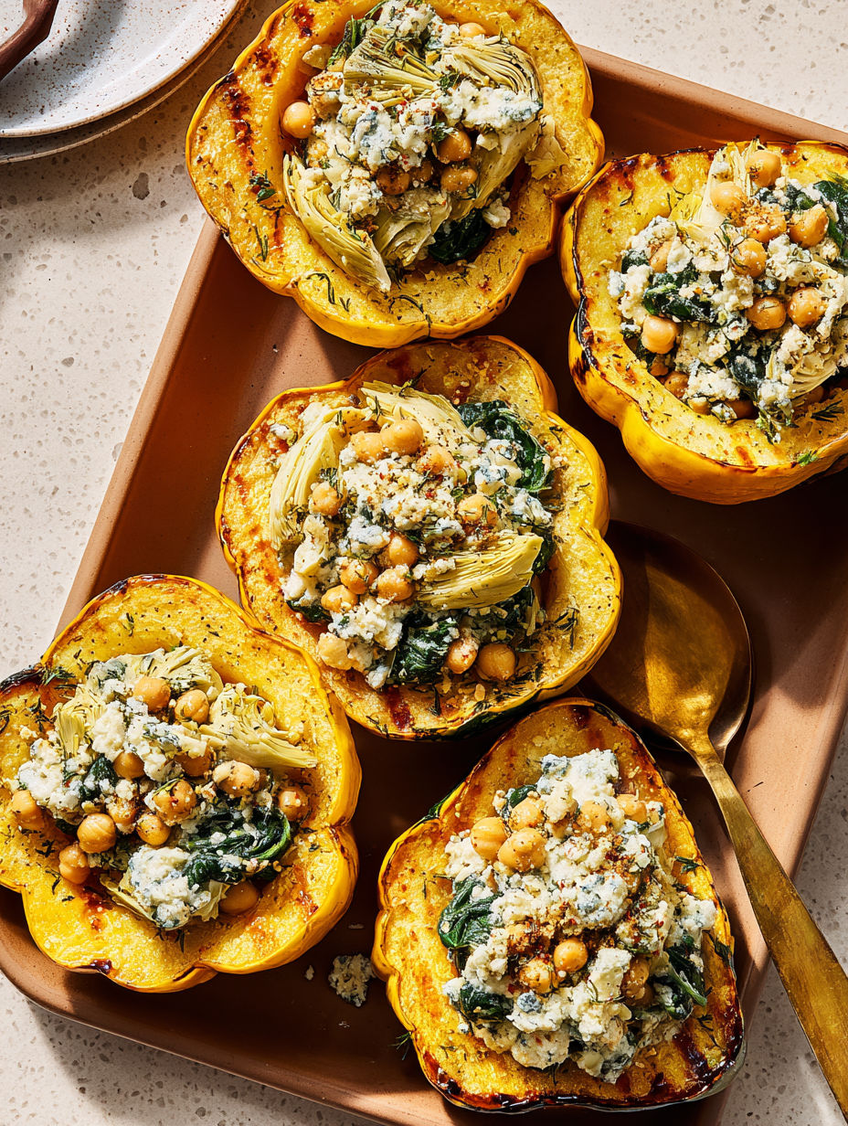 A plate of roasted carnival squash with savory chickpea filling.