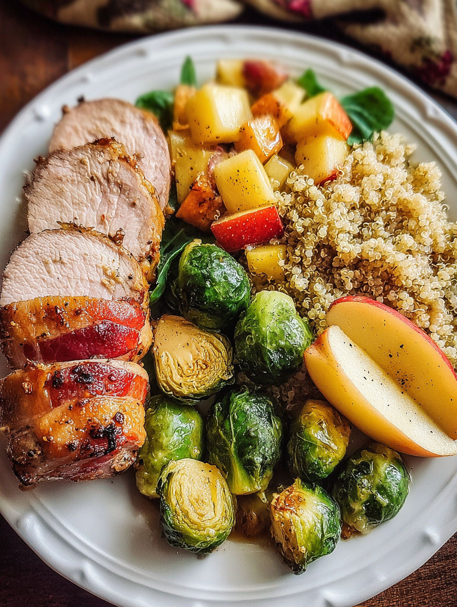 A plate of food with meat, vegetables, and fruit.