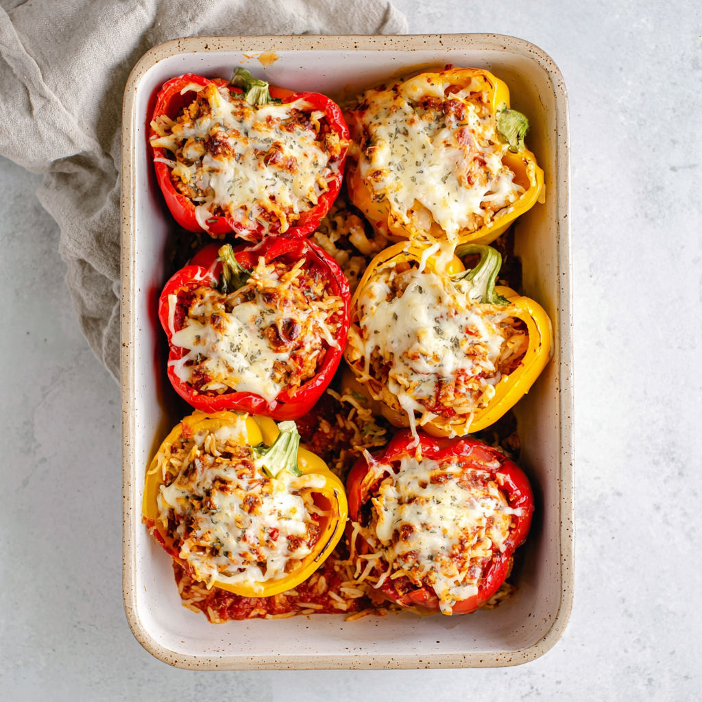 A dish of stuffed peppers with cheese and ground chicken.