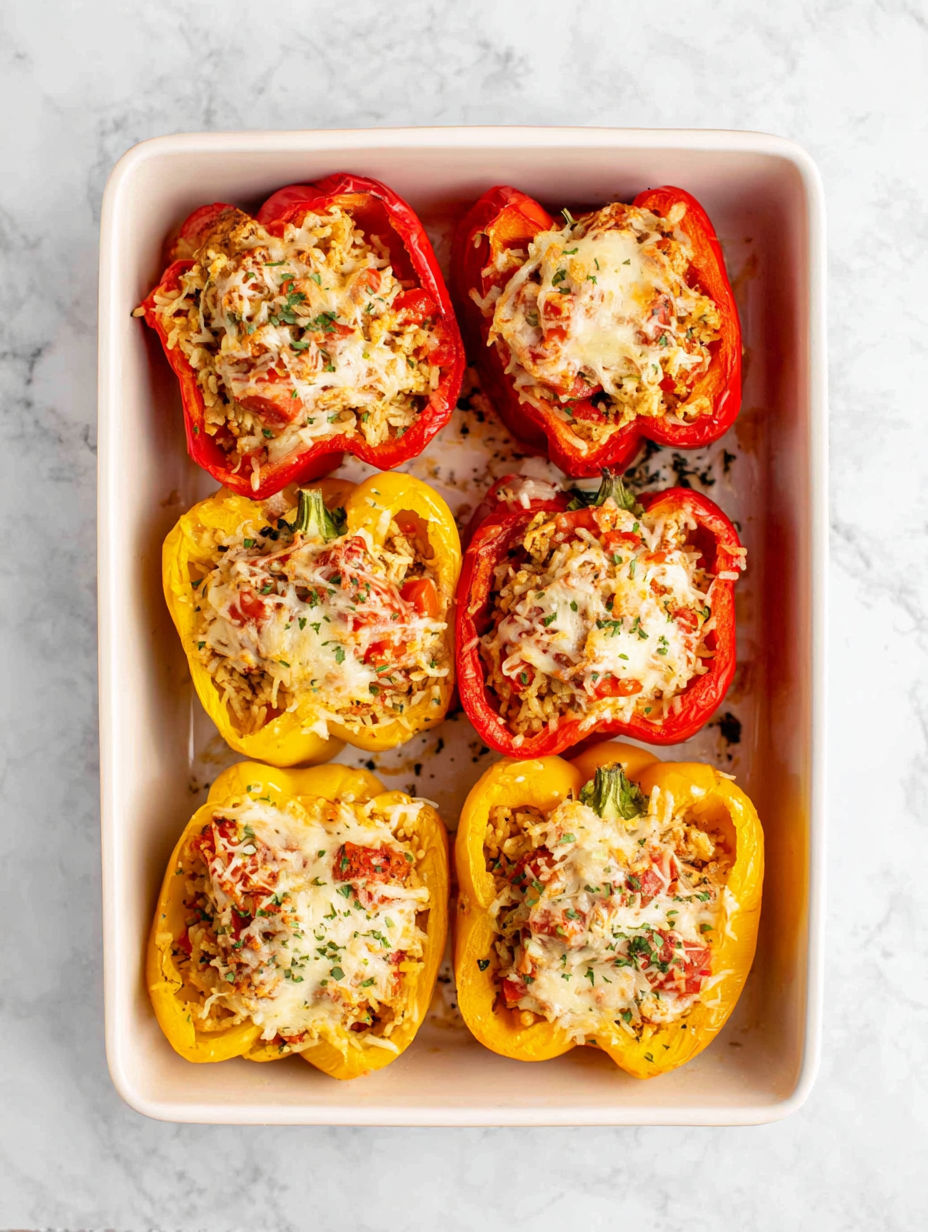A white plate with 6 stuffed peppers.
