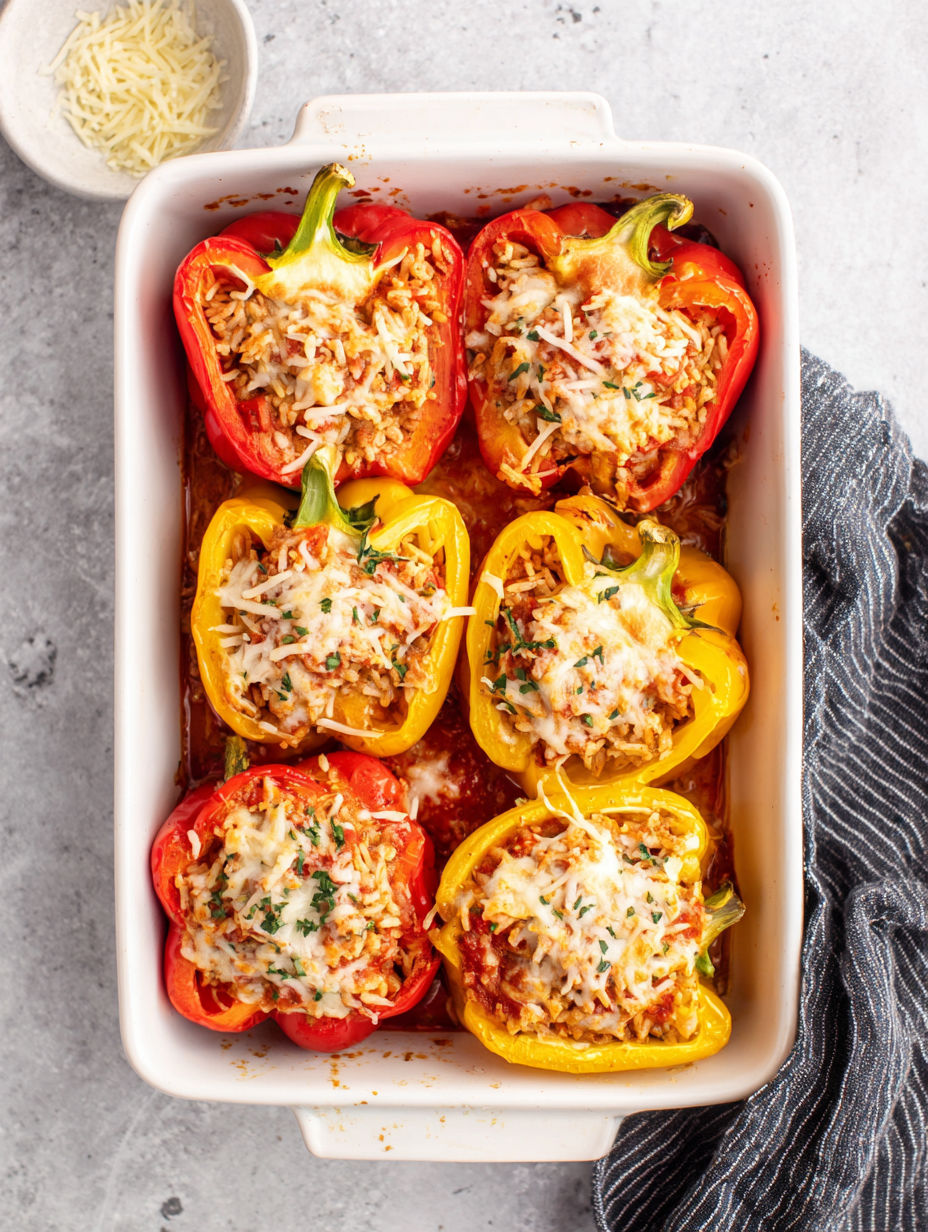 A dish of stuffed peppers with cheese and ground chicken.