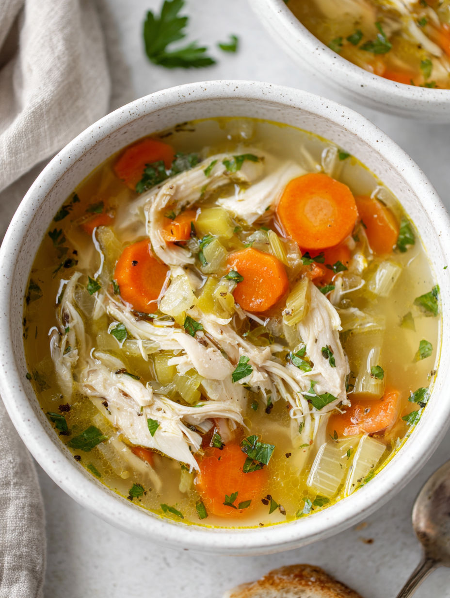 A bowl of chicken soup with carrots and herbs.