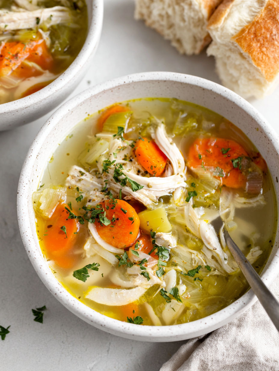 A bowl of chicken soup with carrots and herbs.