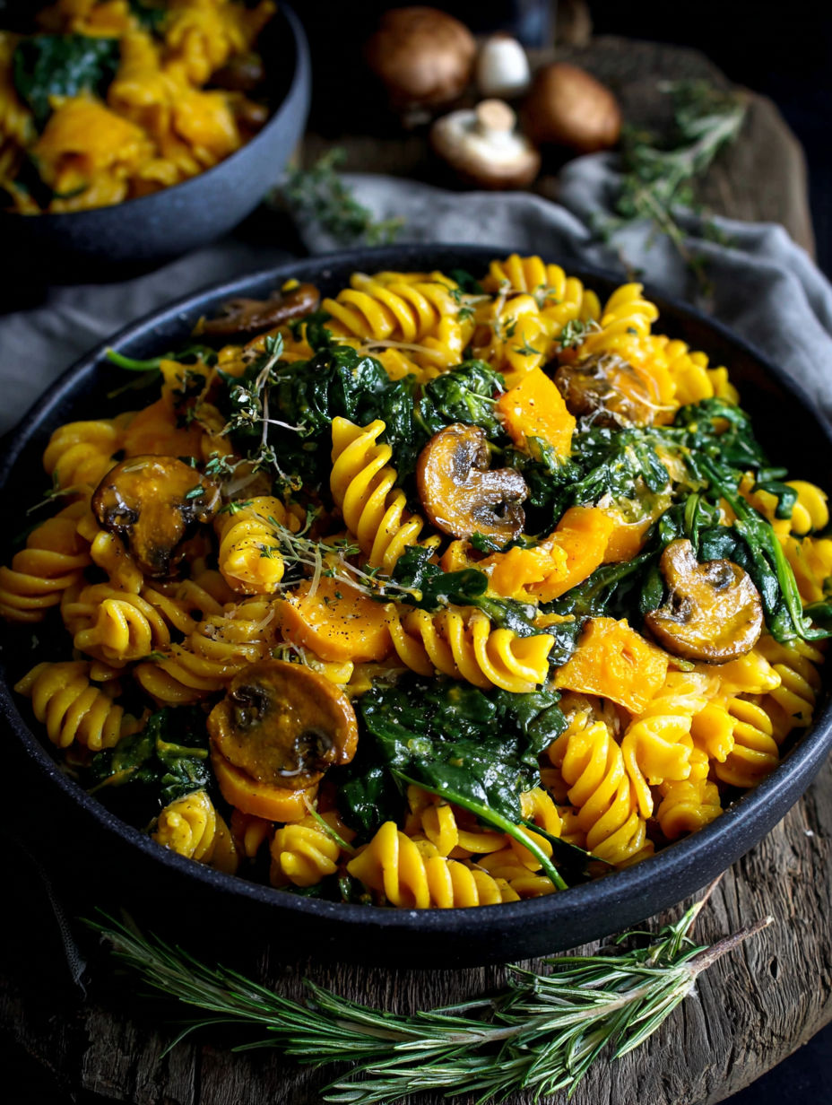 A bowl of pasta with spinach and mushrooms.