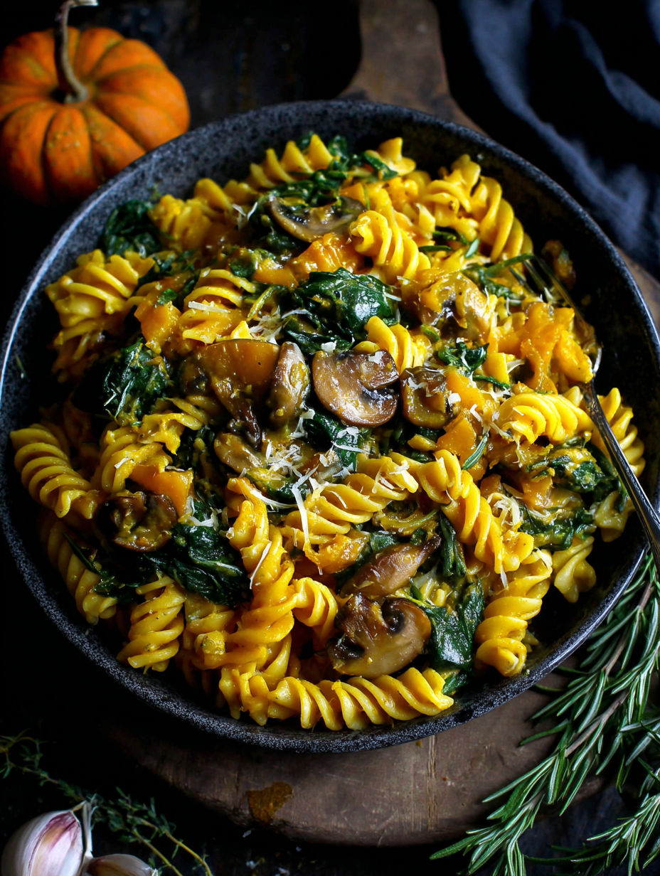 A bowl of pasta with spinach and mushrooms.