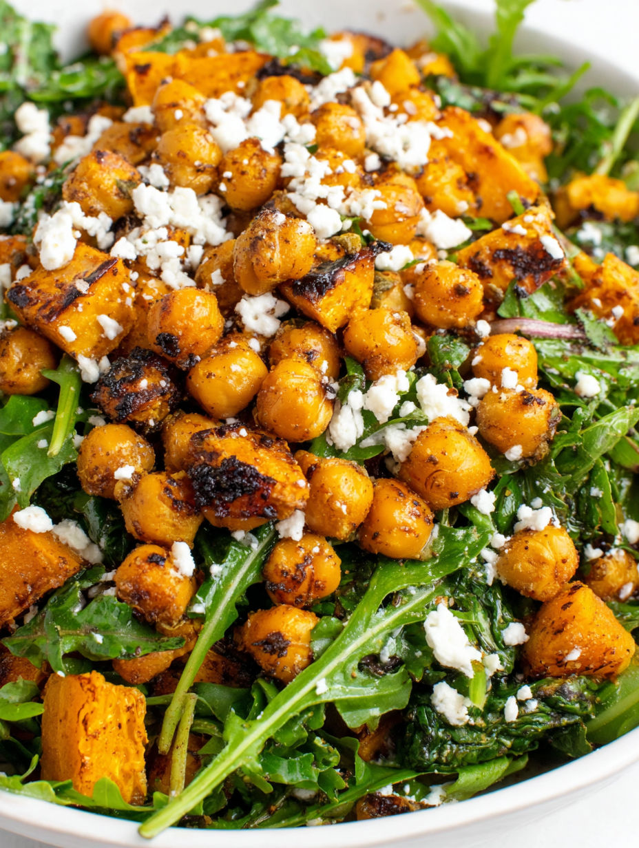 A salad with chickpeas, spinach, and cheese.