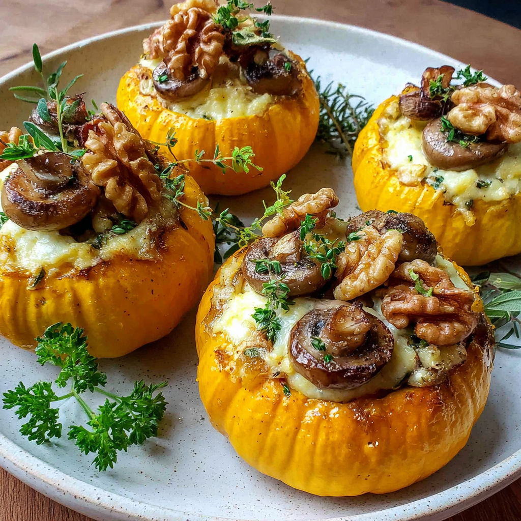 Four mini pumpkins with stuffing and toppings.