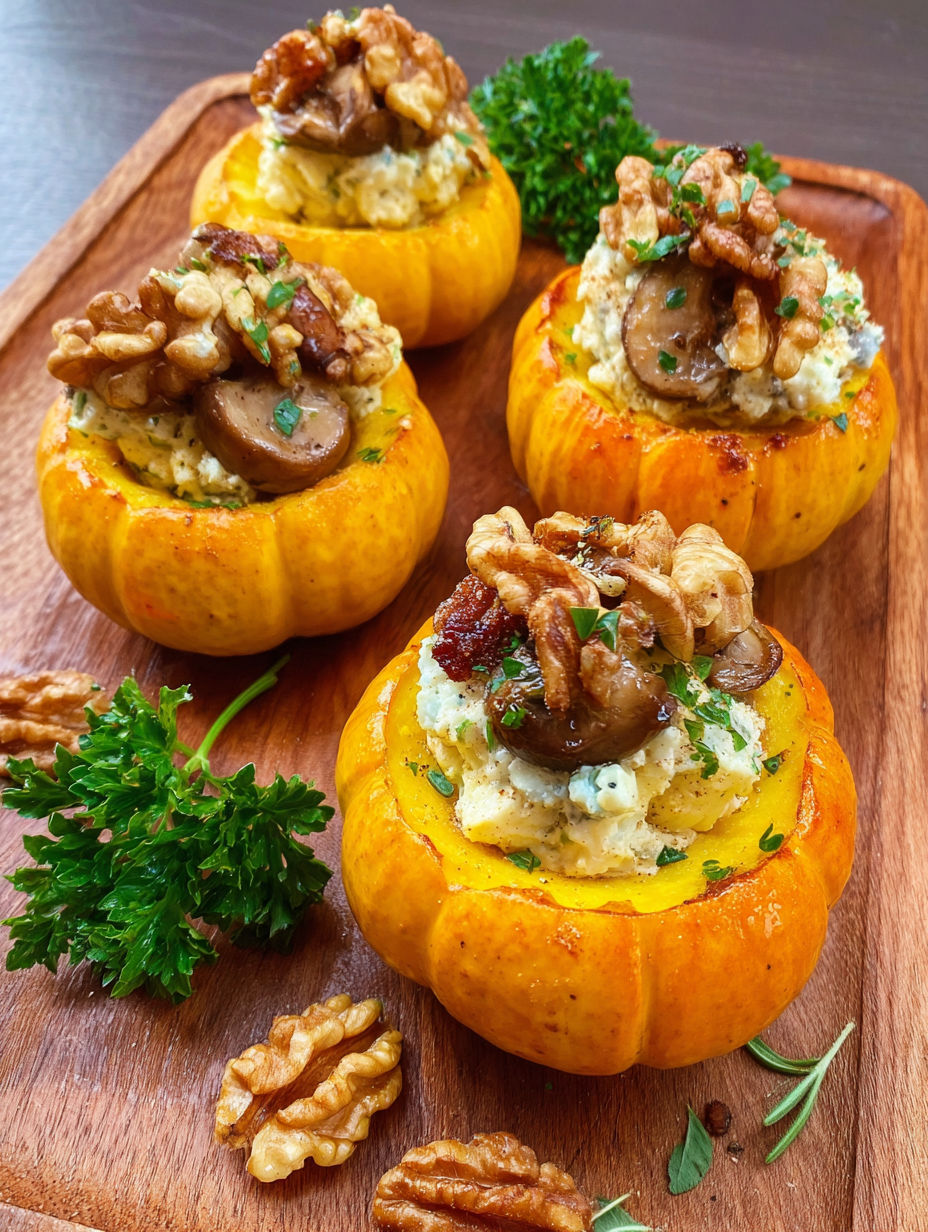 Four mini pumpkins filled with a mixture of cheese, nuts, and mushrooms.