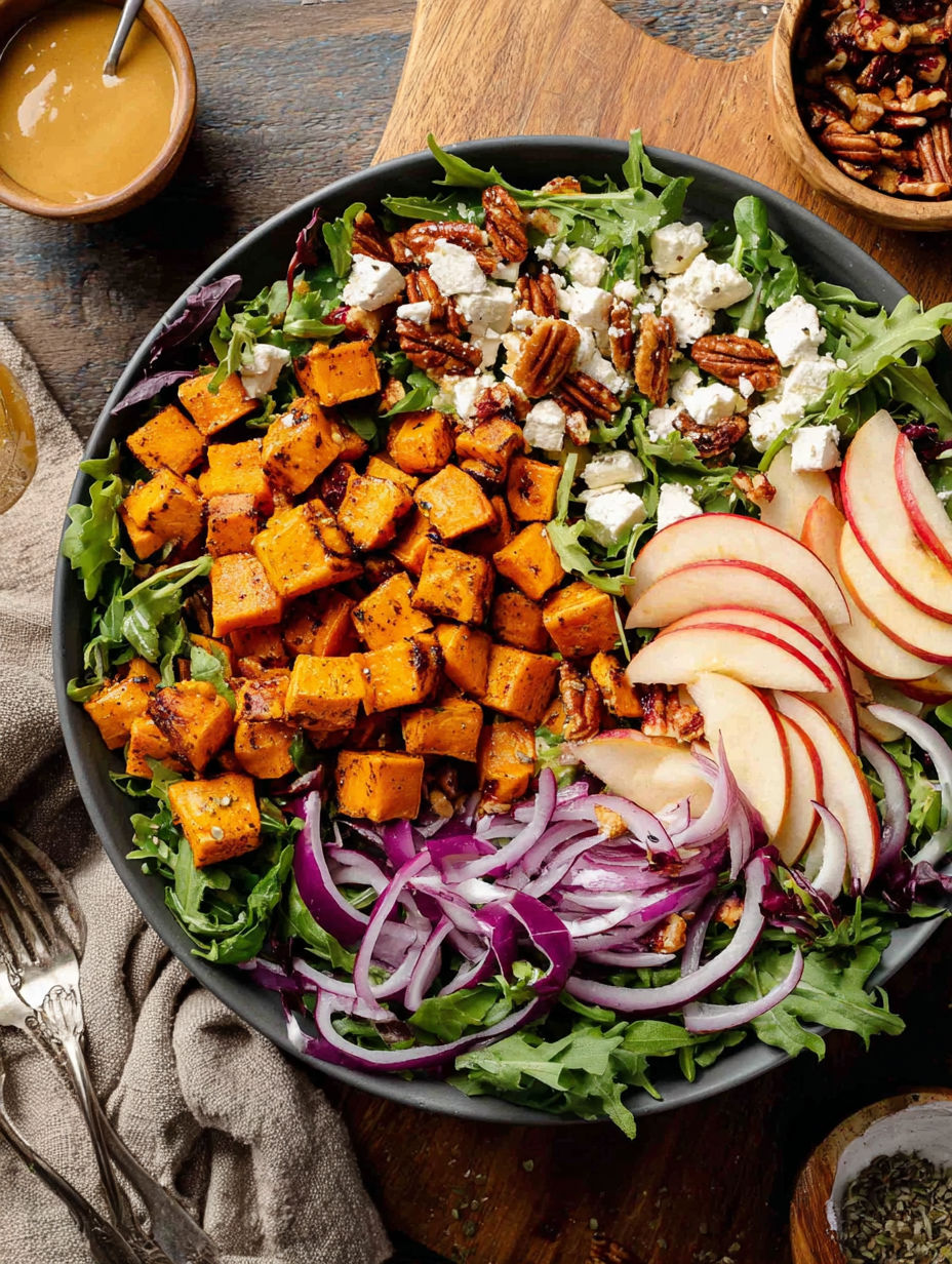 A bowl of salad with roasted sweet potatoes.