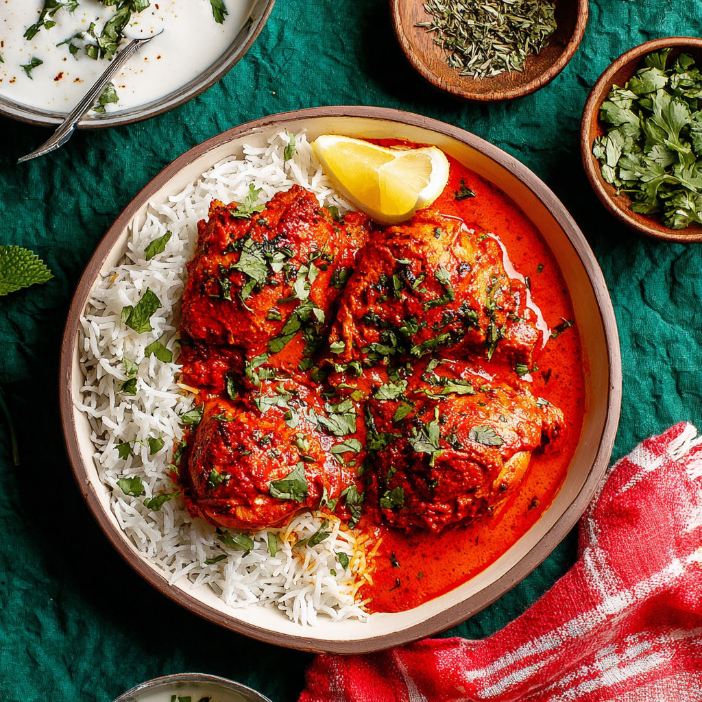A plate of baked chicken with rice and lemon.