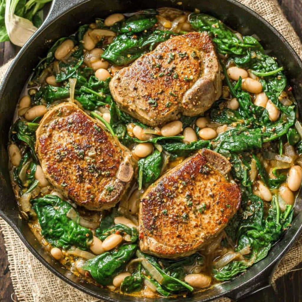 A skillet dinner with pork chops, white beans, and spinach.
