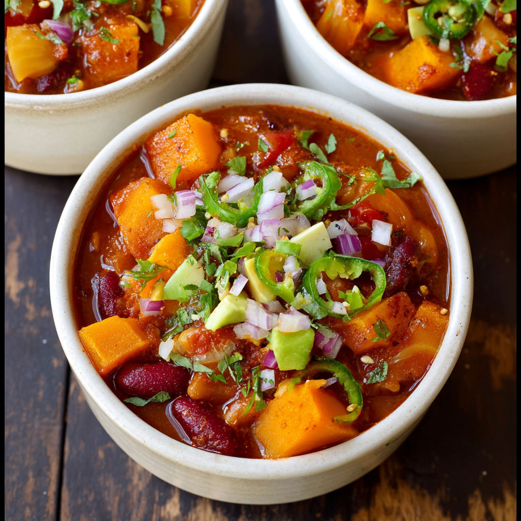Three bowls of chili with butternut squash.