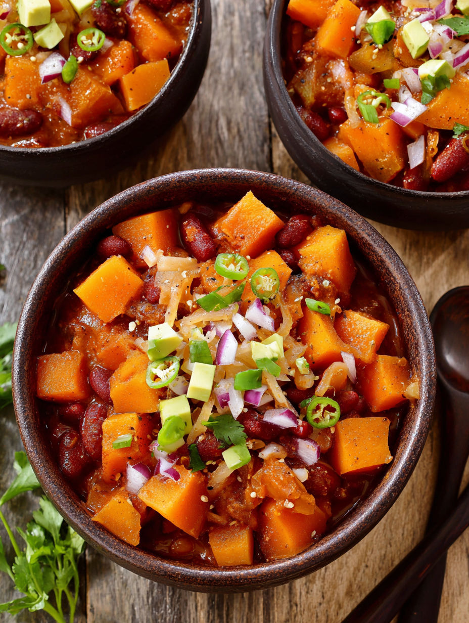 A bowl of chili with butternut squash and onions.