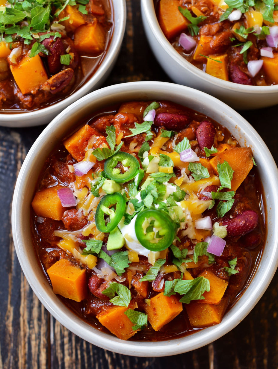 A bowl of chili with butternut squash and jalapenos.