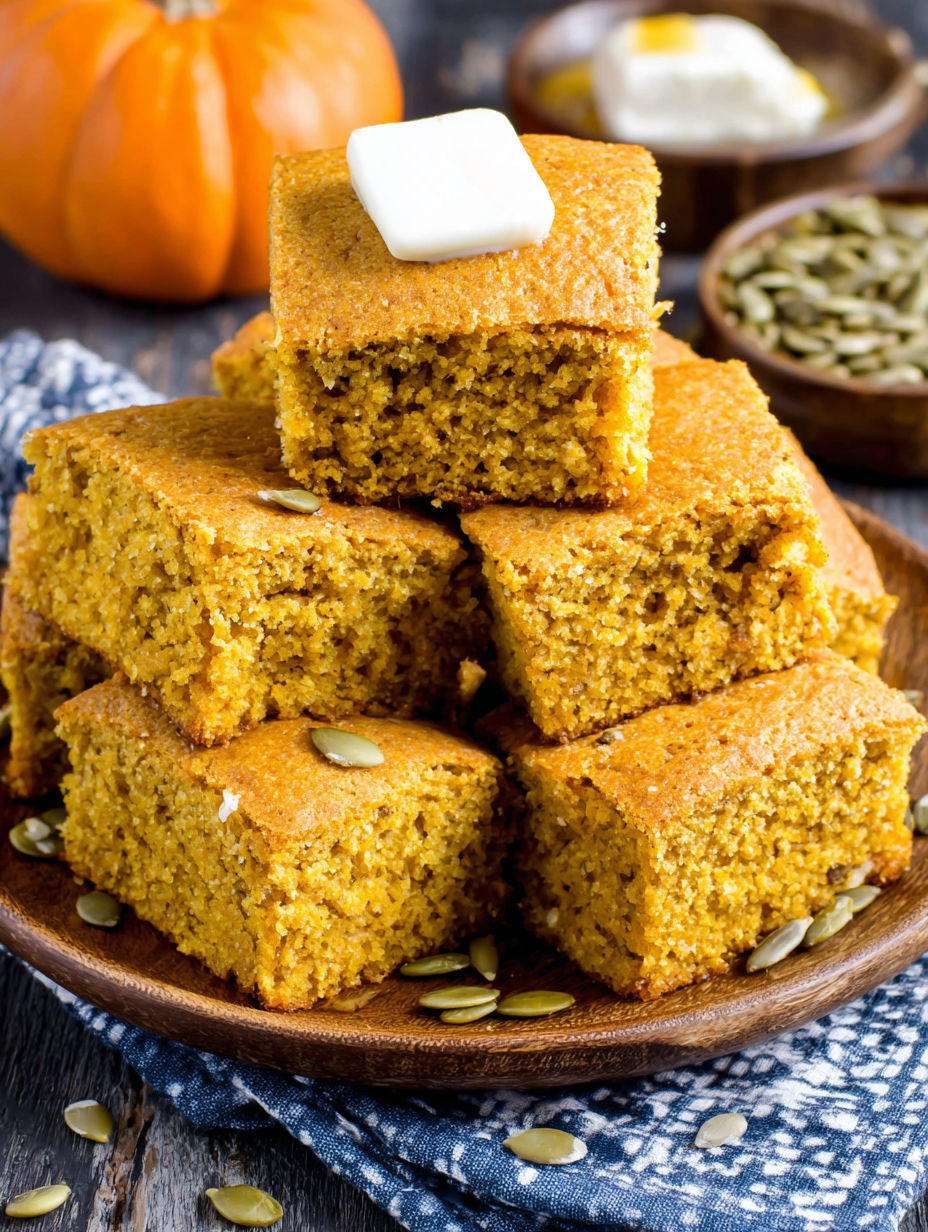 A plate of pumpkin maple cornbread.