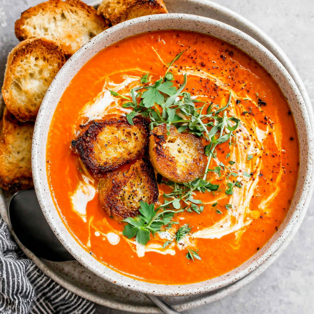 A bowl of tomato bisque with a spoon in it.