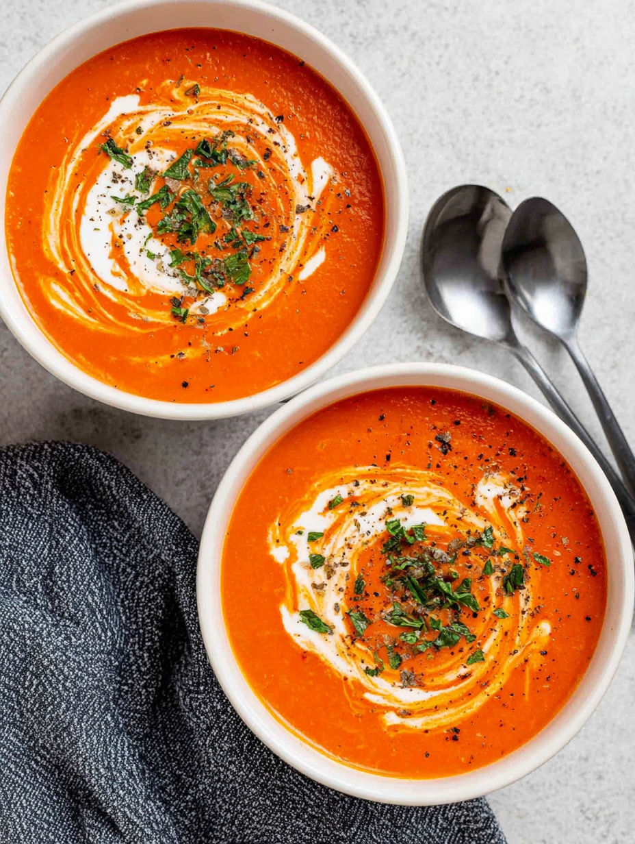Two bowls of tomato bisque with spoons in them.