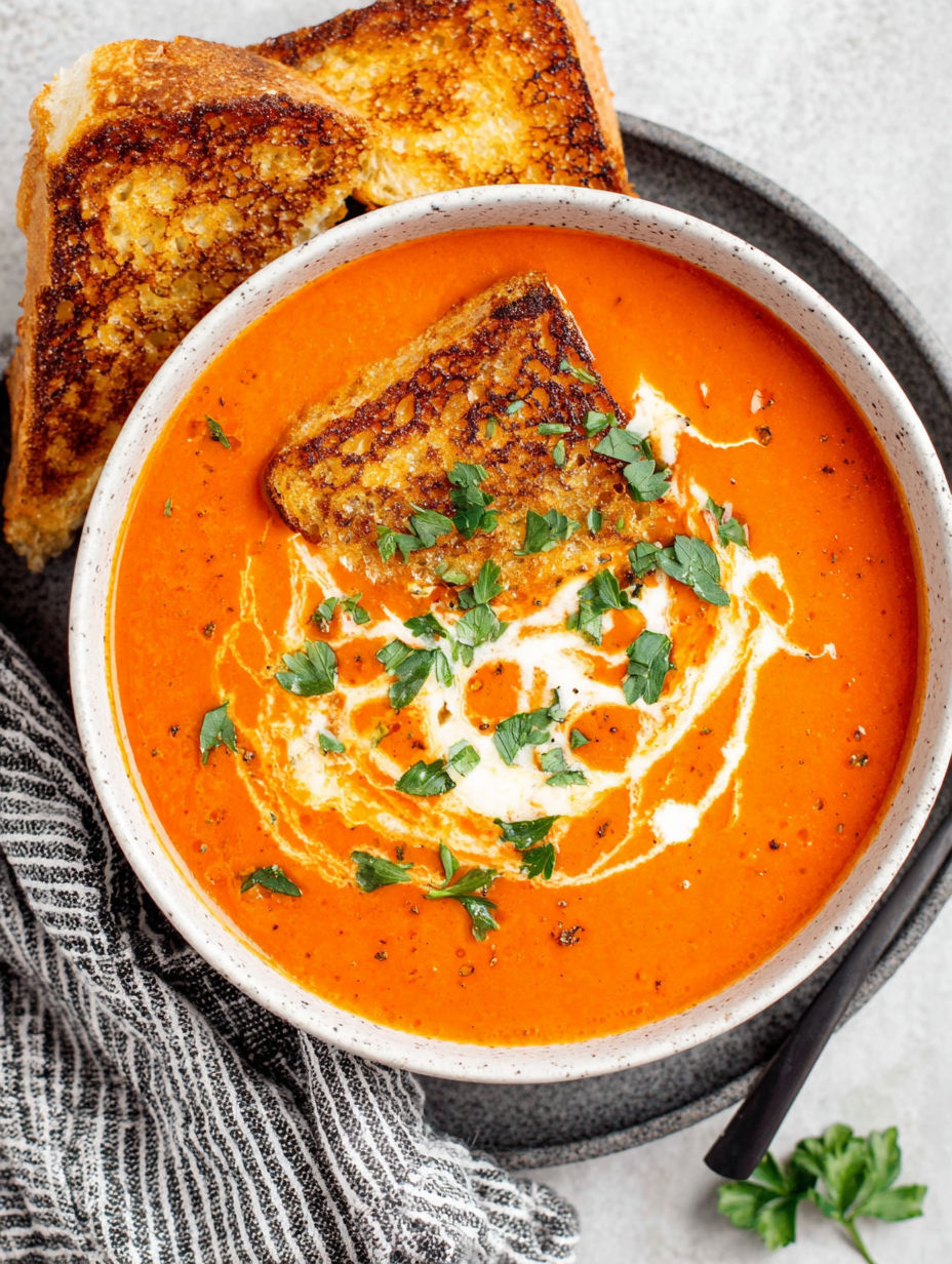 A bowl of tomato bisque with a piece of toast on the side.