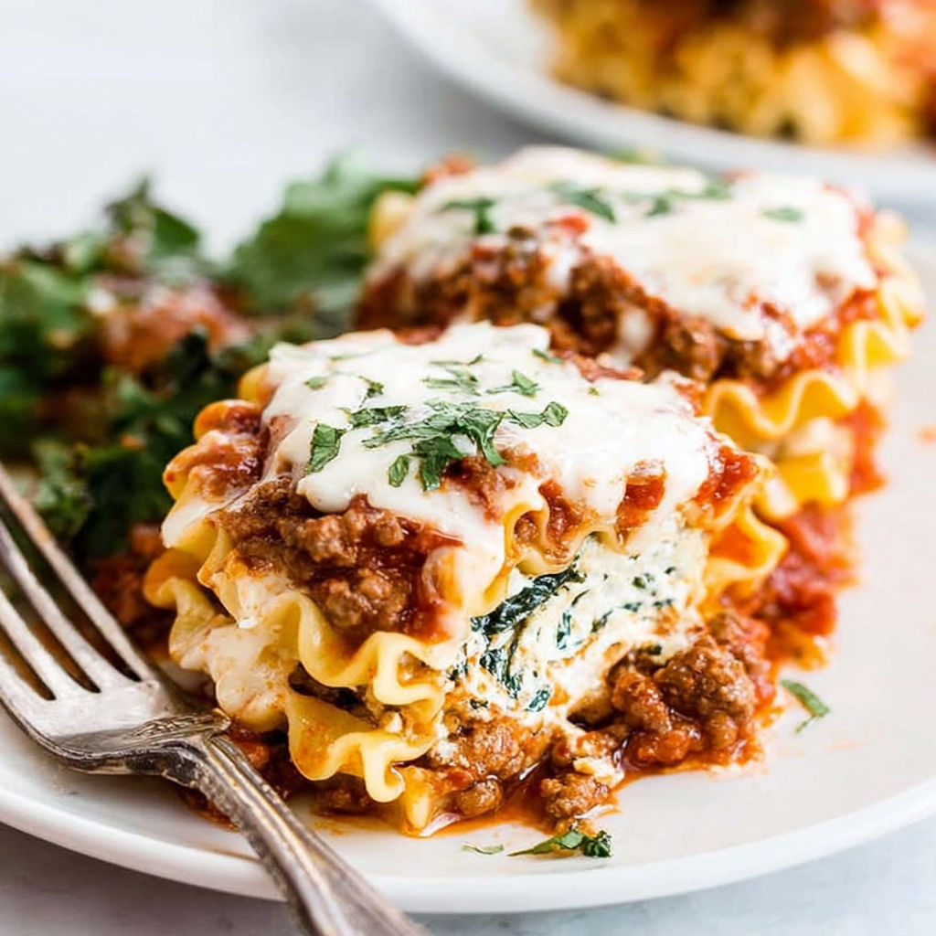 A plate of lasagna roll-ups with cheese and spinach.