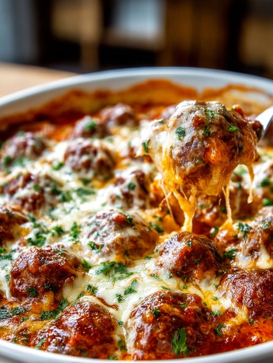 A close up of a meatball casserole with a spoon in it.
