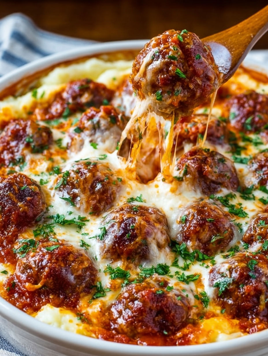 A close up of a meatball casserole with a spoon in it.
