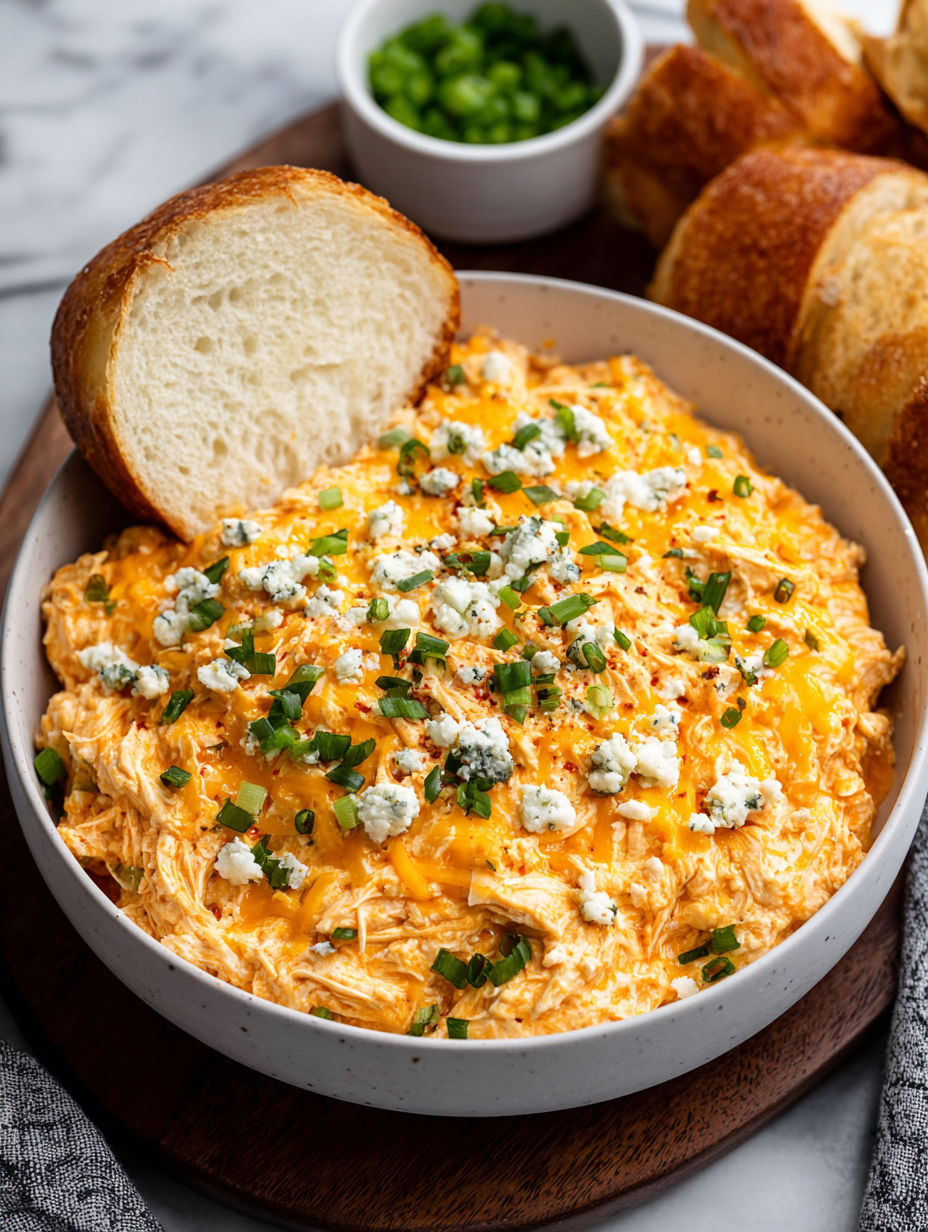 A bowl of cheesy buffalo chicken dip with a piece of bread on top.