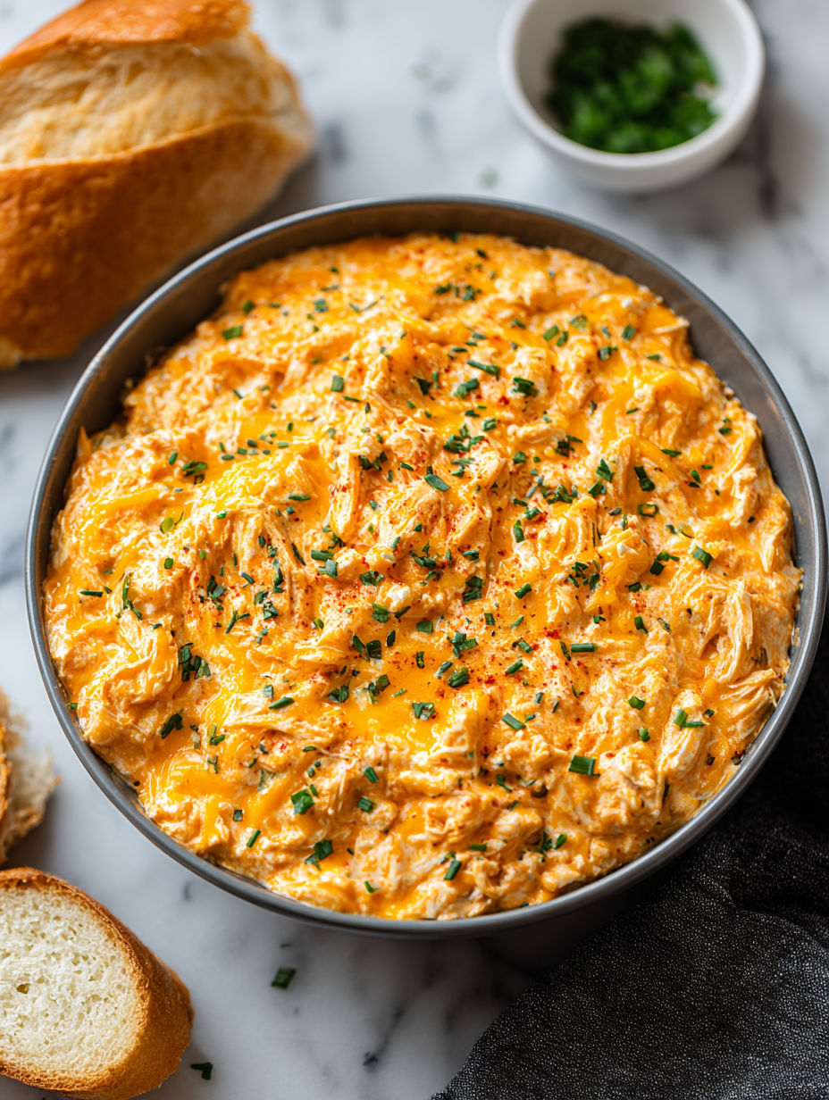 A bowl of cheesy buffalo chicken dip.