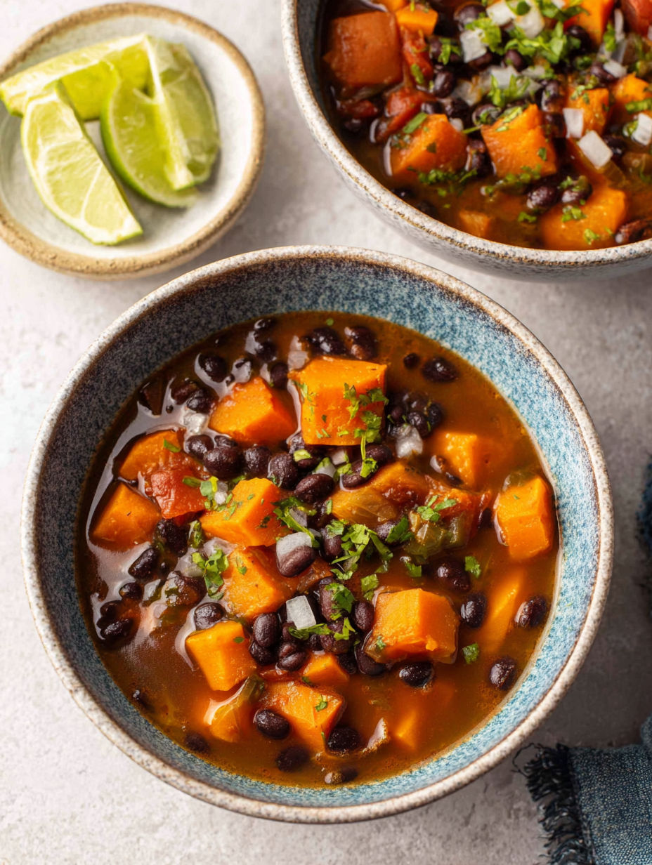 A bowl of Sweet Potato Black Bean Soup.