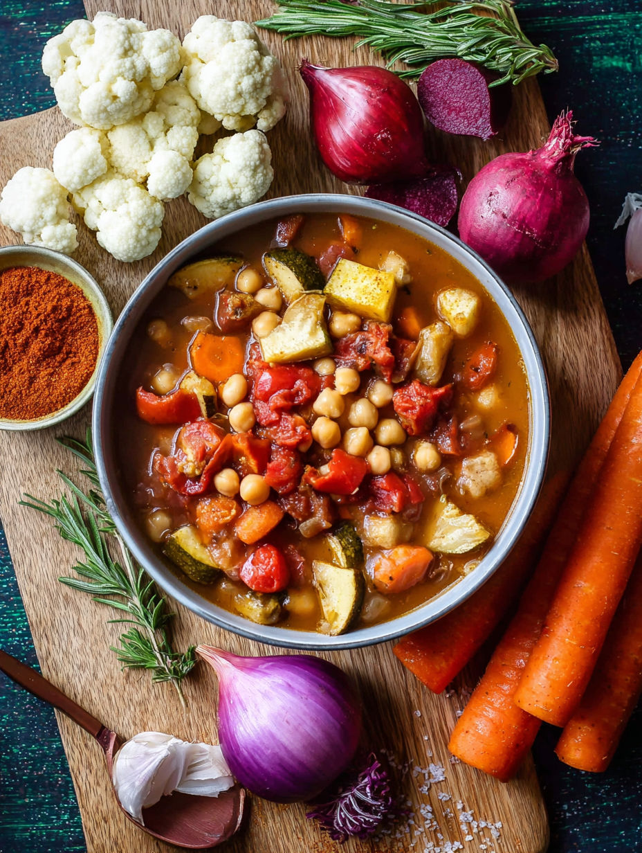 A bowl of soup with vegetables and spices.