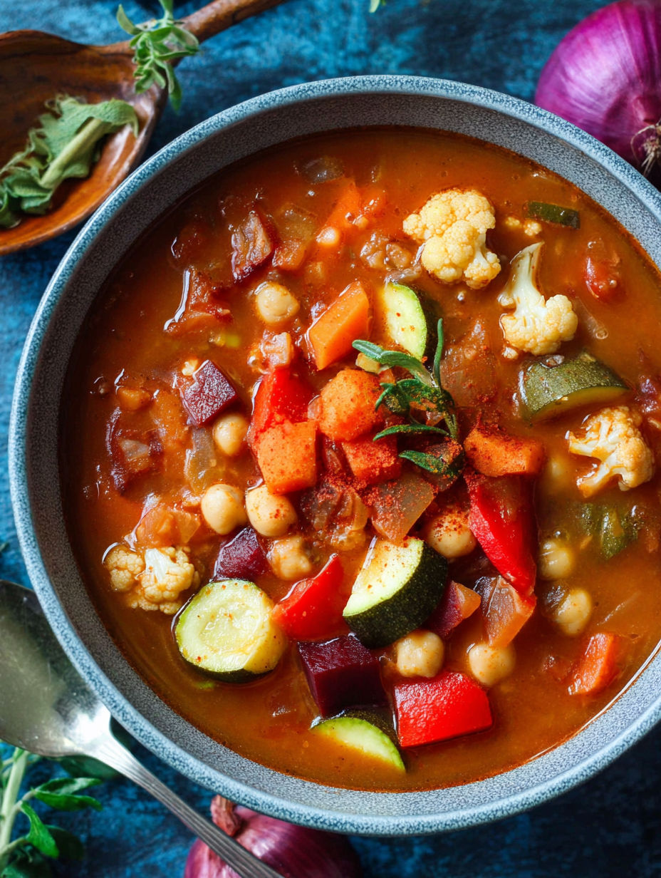 A bowl of soup with vegetables in it.