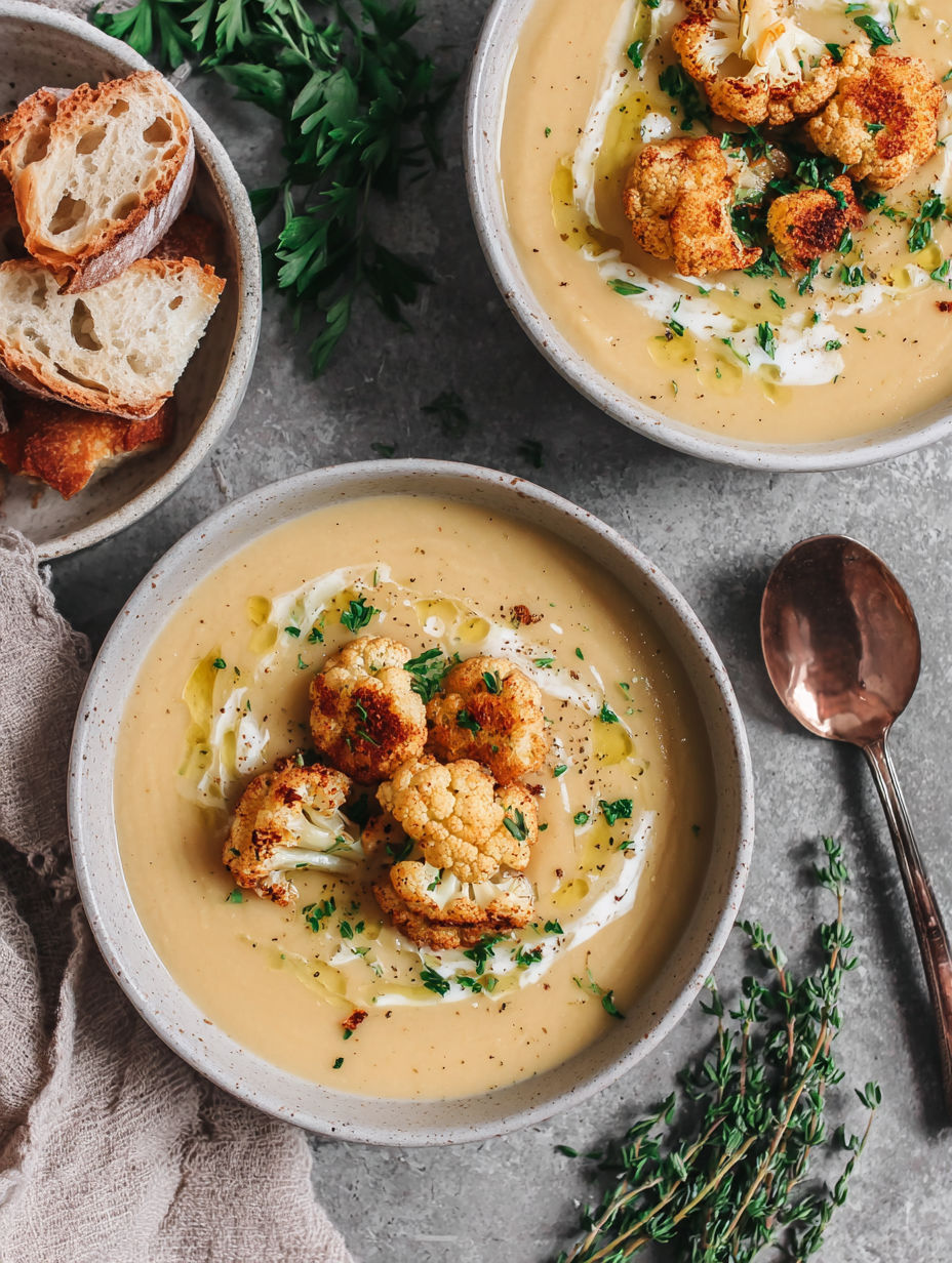 A bowl of soup with cauliflower and herbs.