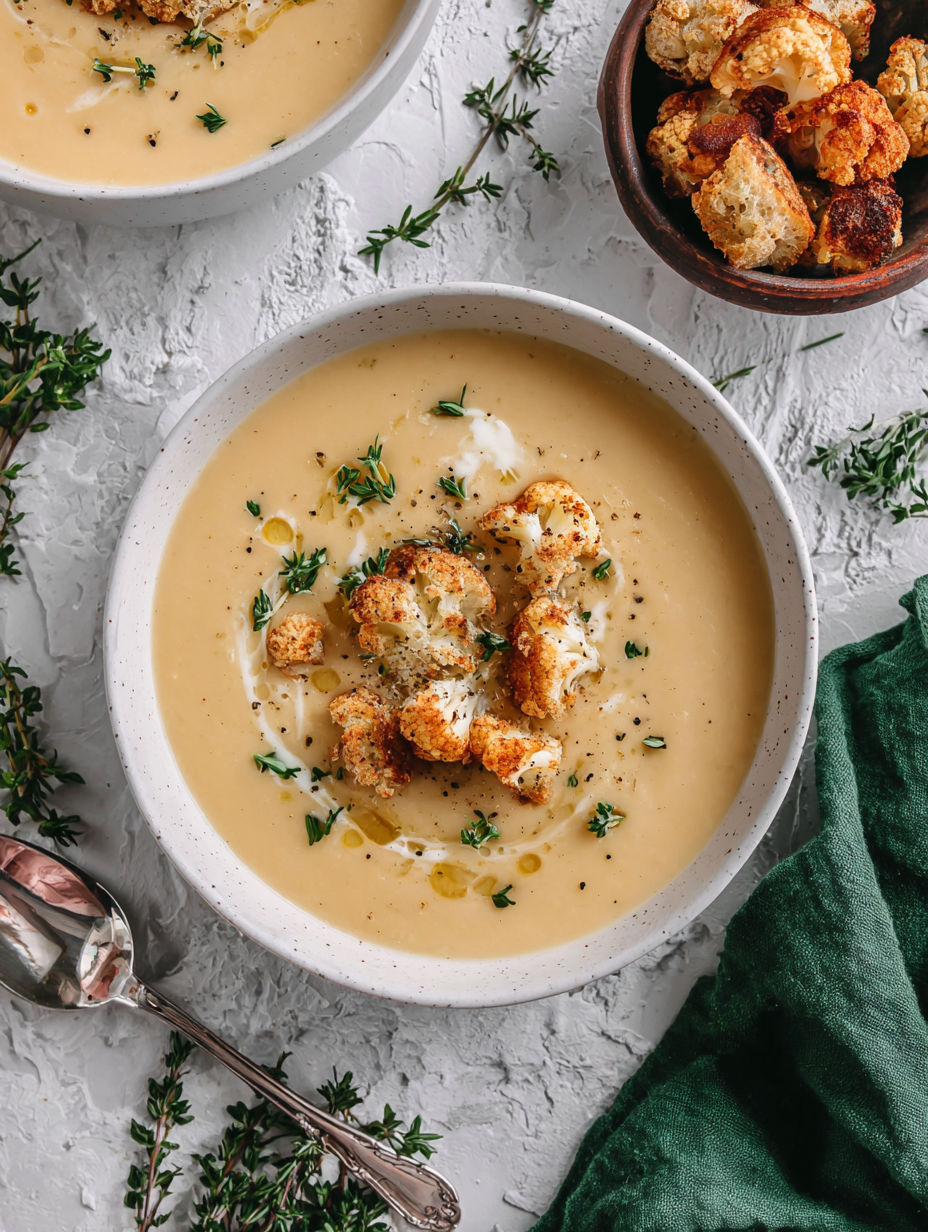 A bowl of soup with cauliflower in it.