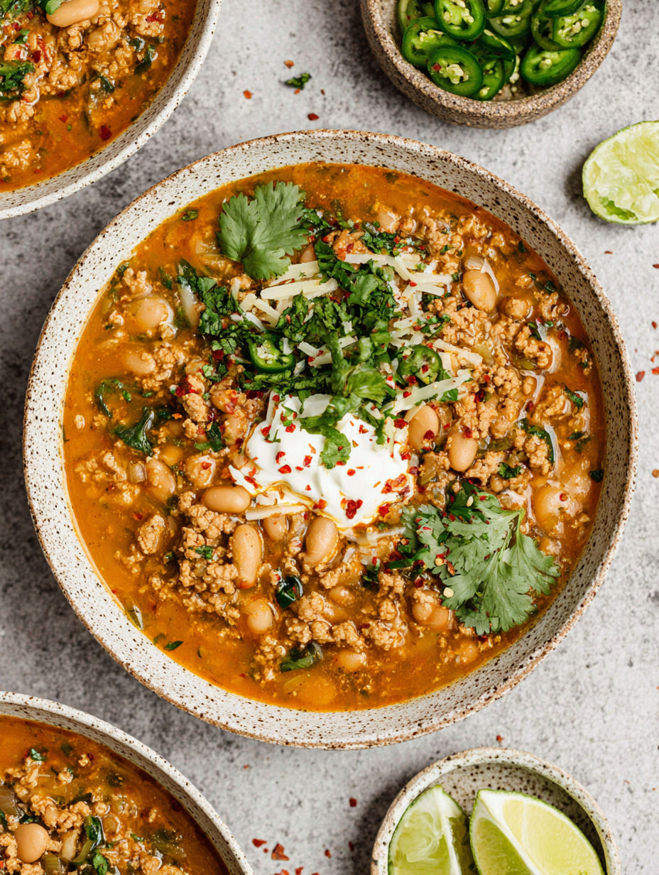 A bowl of turkey and white bean chili.