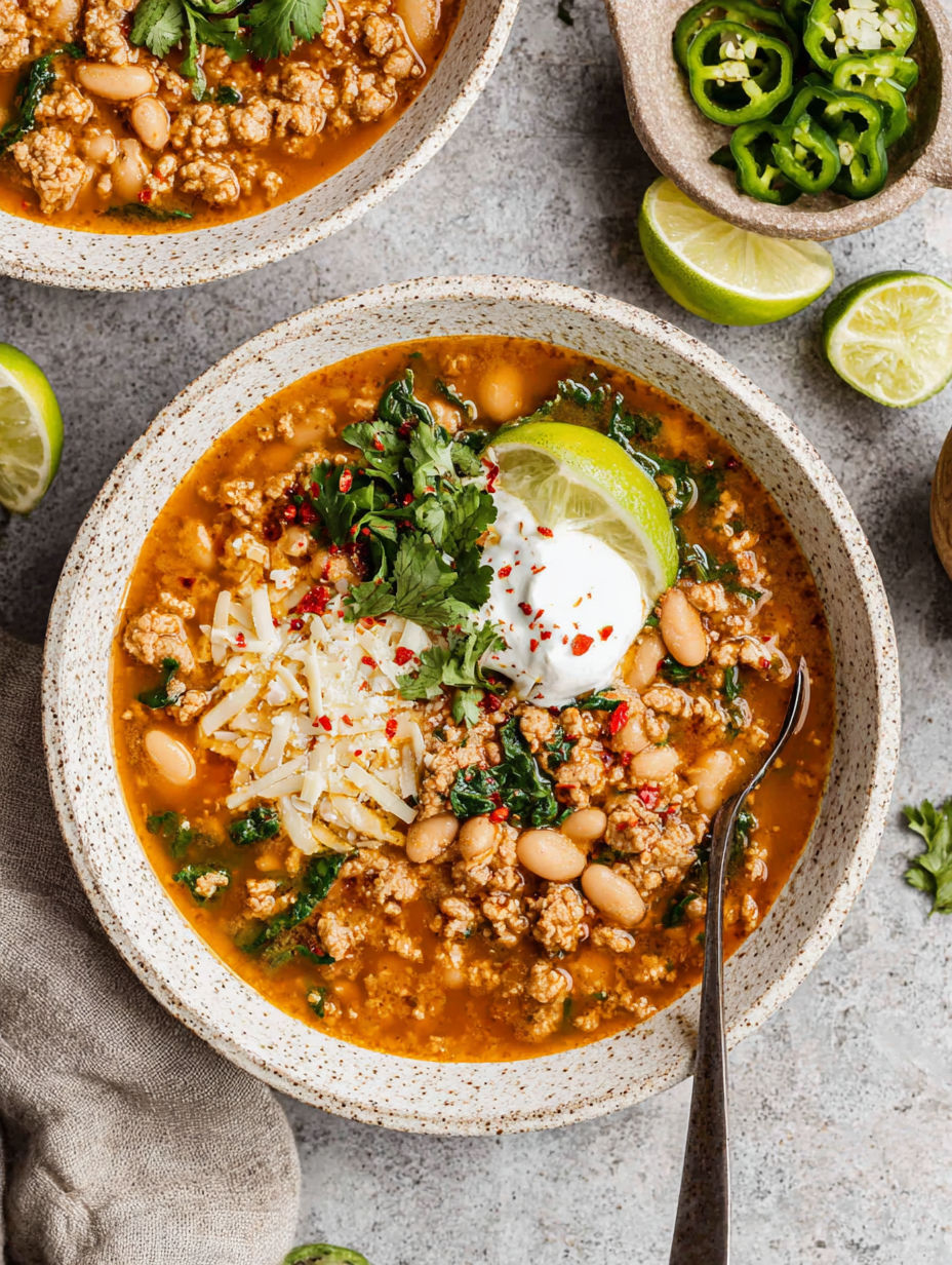 A bowl of turkey and white bean chili.