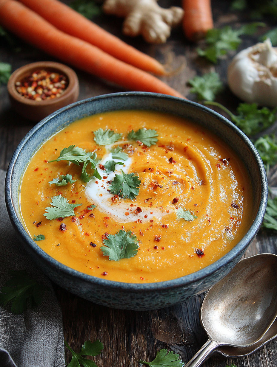 A bowl of spicy carrot ginger soup.