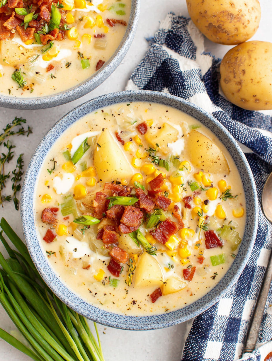 A bowl of potato corn chowder with bacon and corn.