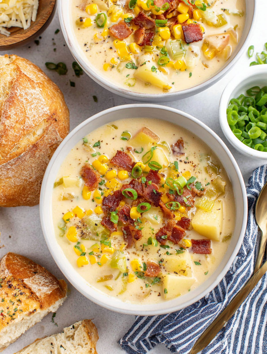 A bowl of potato corn chowder with bacon bits.