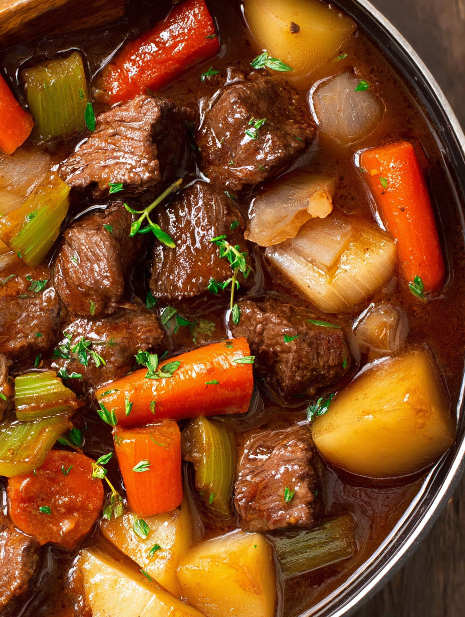 A bowl of beef stew with carrots and onions.