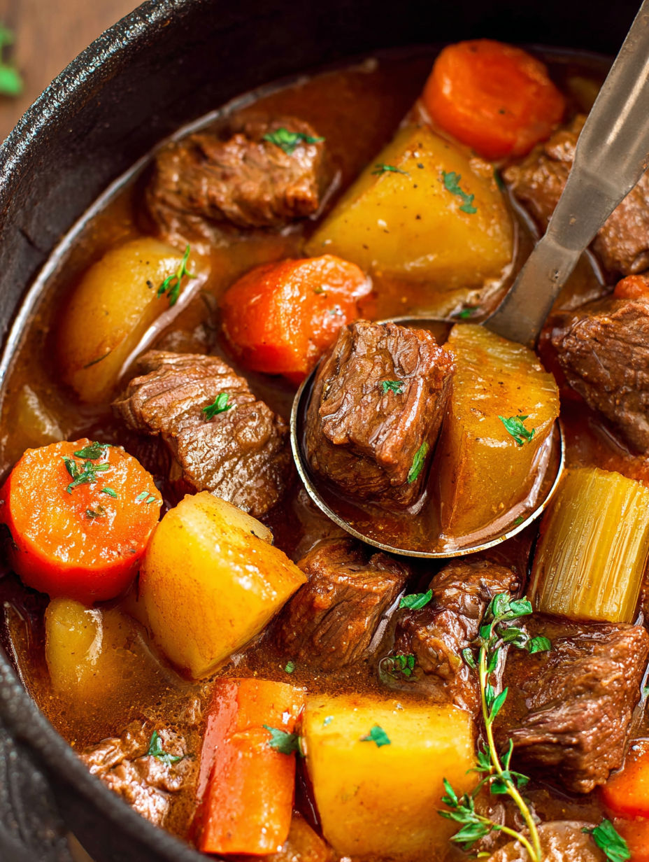 A spoon in a bowl of beef stew.