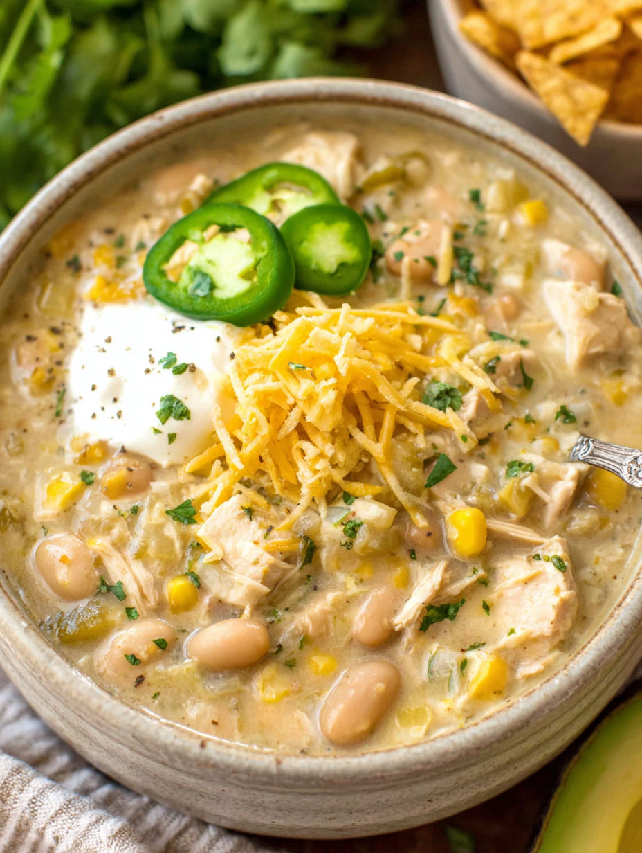 A bowl of soup with chicken, beans, corn, and jalapenos.