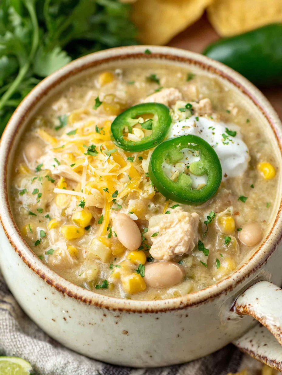 A bowl of soup with chicken and peppers.